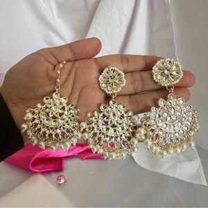 Gold-Tone Pearl Chandbali Earrings with Jhumka Drops